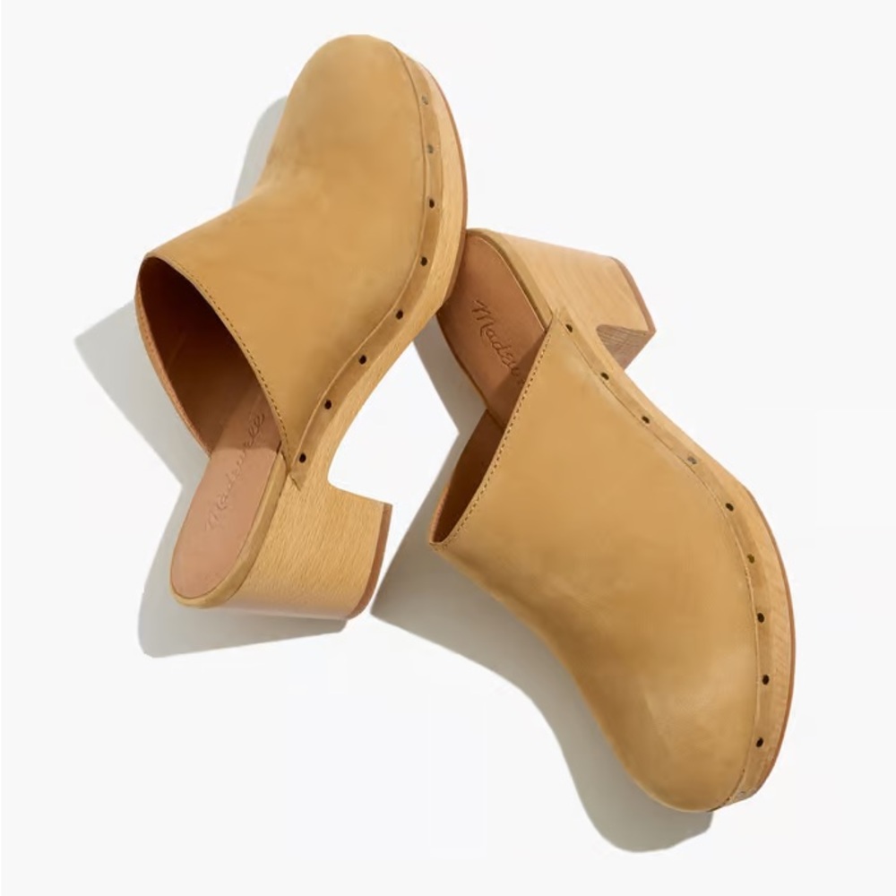 Madewell Ayanna Clog Acorn Leather | tan leather wooden clogs
